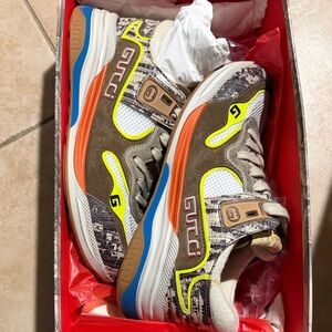 Gucci Brown, Neon Yellow & Orange Mixed-Media Sneakers